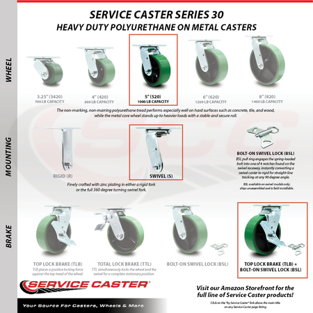 Service Caster 5 Inch Green Poly on Steel Caster Set with Roller Bearings 4 Swivel Lock 2 Brake SCC-30CS520-PUR-GB-TLB-BSL-2-BSL-2